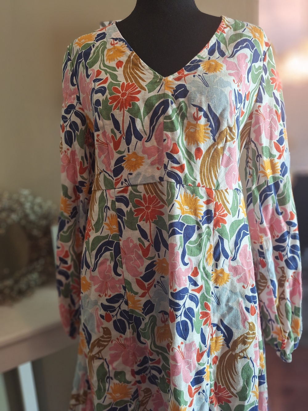 6 (Tall) Linen Boden Multicolor Floral Bird V-Neck Long Sleeve Dress